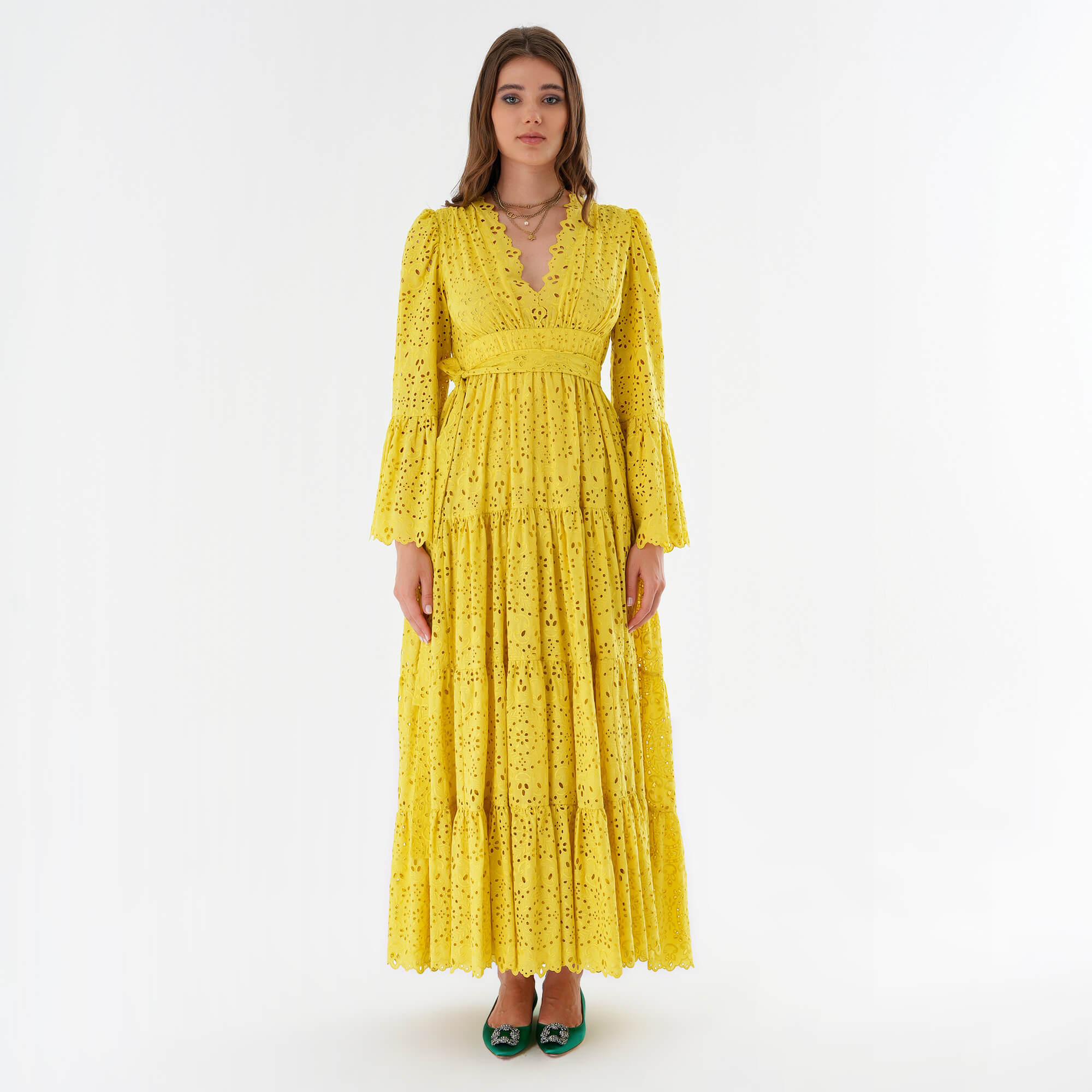 Elie Saab - Yellow Cotton Blend Embroidered Long Dress IT40